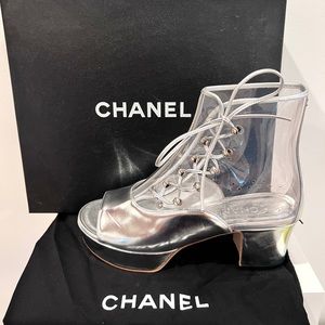 CHANEL Ankle Boots NWB Silver Leather Transparent PVC Lace Open Toe 39 8.5